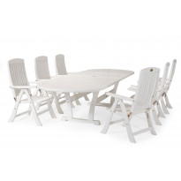 Ruokailuryhmä Estelle, 110x212-332cm, 6 nojatuolia, valkoinen