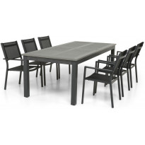 Ruokailuryhmä Monaco, 220/280cm, 6 pinottavaa tuolia, musta