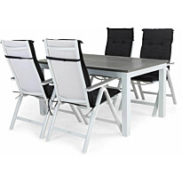 Ruokailuryhmä Monaco 152-210cm, 4 Maggie-tuolia, valkoinen/harmaa + tummanharmaat pehmusteet