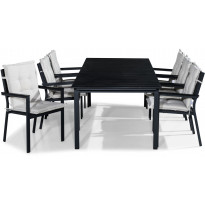 Ruokailuryhmä Tunis 220/280x90cm, 6 tuolia pehmusteilla, musta/luonnonvalkoinen