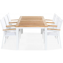 Ruokailuryhmä Las Vegas, 220/280cm jatkettava pöytä + 6 pinottavaa tuolia, valkoinen/tiikki