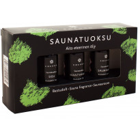 Saunatuoksusetti Emendo Musta puutelineessä, 3 x 10 ml, Salmiakki + Mäntypihka + Sisu 