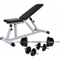 Treenipenkki levytanko- ja käsipainosarjalla, 60.5kg, 115x47x116cm