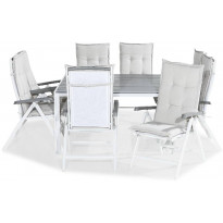 Ruokailuryhmä Tunis, 8 Monaco Lyx tuolia + valkoiset pehmusteet, harmaa