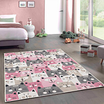 Lastenhuoneen käytävämatto Linento Kissaset 80x150cm vaaleanpunainen/harmaa