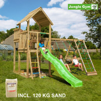 Leikkikeskus Jungle Gym Palace ja Climb Module X&#039;tra, sis. 120kg hiekkaa ja vihreän liukumäen