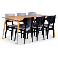 Ruokailuryhmä Stenexpo 180x90cm Alborg-pöytä + 6 Borgholm-tuolia jatkettava tammi mustaksi petsattu