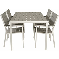 Ruokailuryhmä Venture Home, 150x90cm harmaa/valkoinen Break-pöytä + 4 harmaata, pinottavaa Levels-tuolia