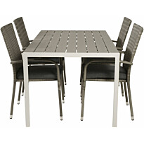 Ruokailuryhmä Venture Home, 150x90cm harmaa/valkoinen Break-pöytä + 4 harmaata, pinottavaa Anna-tuolia