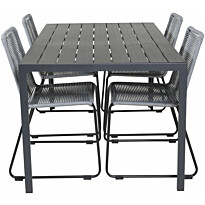 Ruokailuryhmä Venture Home, 150x90cm musta Break-pöytä + 4 harmaata, pinottavaa Lindos-tuolia