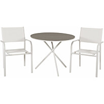 Parvekeryhmä Venture Home, ø90cm harmaa-valkoinen Parma-pöytä + 2 valkoista, pinottavaa Santorini-tuolia