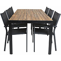 Ruokailuryhmä Venture Home, 205x90cm akaasia/musta Bois-pöytä + 6 mustaa, pinottavaa Copacabana-tuolia