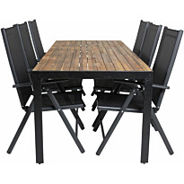 Ruokailuryhmä Venture Home, 205x90cm akaasia/musta Bois-pöytä + 6 mustaa Break-säätötuolia