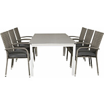 Ruokailuryhmä Venture Home, 160/240x100cm jatkettava harmaa/valkoinen Levels-pöytä + 6 harmaata Anna-tuolia