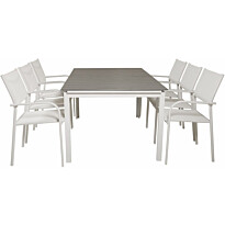 Ruokailuryhmä Venture Home, 160/240x100cm jatkettava harmaa/valkoinen Levels-pöytä + 6 valkoista, pinottavaa Santorini-tuolia