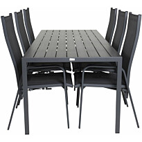 Ruokailuryhmä Venture Home, 205x90cm musta Break-pöytä + 6 mustaa Copacabana-säätötuolia