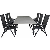 Ruokailuryhmä Venture Home, 160/240x100cm jatkettava harmaa/musta Levels-pöytä + 6 mustaa Break-säätötuolia