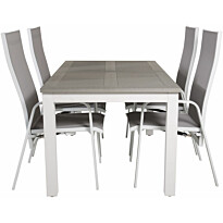 Ruokailuryhmä Venture Home, 160/240x90cm jatkettava harmaa/valkoinen Albany-pöytä + 4 harmaa/valkoista, pinottavaa Copacabana-säätötuolia
