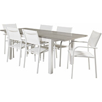 Ruokailuryhmä Venture Home, 160/240x90cm jatkettava harmaa/valkoinen Albany-pöytä + 6 valkoista, pinottavaa Santorini-tuolia