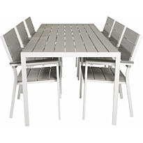 Ruokailuryhmä Venture Home, 205x90cm harmaa/valkoinen Break-pöytä + 6 harmaa/valkoista, pinottavaa Levels-tuolia