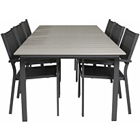 Ruokailuryhmä Venture Home, 229/310x100cm jatkettava harmaa/musta Levels-pöytä + 6 mustaa, pinottavaa Copacabana-tuolia