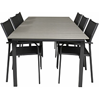 Ruokailuryhmä Venture Home, 229/310x100cm jatkettava harmaa/musta Levels-pöytä + 6 mustaa, pinottavaa Santorini-tuolia