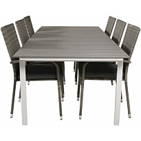 Ruokailuryhmä Venture Home, 229/310x100cm jatkettava harmaa/valkoinen Levels-pöytä + 6 harmaata Anna-tuolia