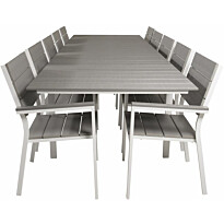 Ruokailuryhmä Venture Home, 229/310x100cm jatkettava harmaa/valkoinen Levels-pöytä + 10 harmaa/valkoista, pinottavaa Levels-tuolia