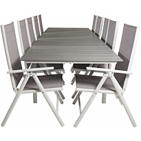 Ruokailuryhmä Venture Home, 229/310x100cm jatkettava harmaa/valkoinen Levels-pöytä + 10 harmaa/valkoista Break-säätötuolia