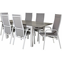Ruokailuryhmä Venture Home, 152/210x90cm harmaa/valkoinen jatkettava Albany-pöytä + 6 harmaa/valkoista, pinottavaa Copacabana-säätötuolia