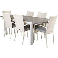 Ruokailuryhmä Venture Home, 152/210x90cm harmaa/valkoinen jatkettava Albany-pöytä + 6 valkoista, pinottavaa Anna-tuolia