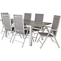 Ruokailuryhmä Venture Home, 152/210x90cm harmaa/valkoinen jatkettava Albany-pöytä + 6 harmaa/valkoista Break-säätötuolia
