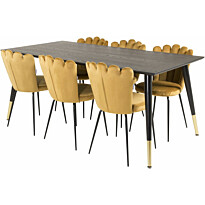 Ruokailuryhmä Venture Home, 180x90cm musta/messinki Dipp-pöytä + 6 kullankeltaista Limhamn-tuolia