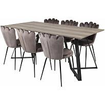 Ruokailuryhmä Venture Home, 180x90cm harmaa/musta Marina-pöytä+ 6 harmaata Limhamn Light -tuolia, sametti