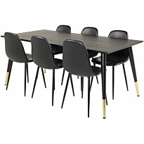 Ruokailuryhmä Venture Home, 180x90cm musta/messinki Dipp-pöytä + 6 musta/messinki Polar PU -tuolia