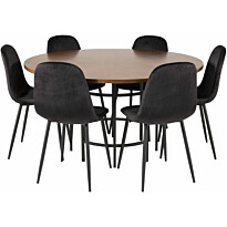Ruokailuryhmä Venture Home, ⌀140cm ruskea Copenhagen-pöytä + 6 mustaa Polar-tuolia, sametti