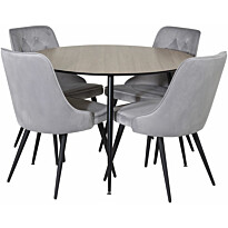 Ruokailuryhmä Venture Home, ⌀100cm ruskea/musta Silar-pöytä + 4 vaaleanharmaata Velvet Deluxe -tuolia