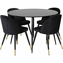 Ruokailuryhmä Venture Home, ⌀100cm musta Silar-pöytä + 4 Velvet-tuolia, musta/messinki