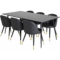 Ruokailuryhmä Venture Home, 180x90cm Silar-pöytä + 6 mustaa Velvet-tuolia, keinonahka
