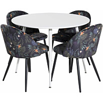 Ruokailuryhmä Venture Home, ⌀100cm valkoinen Plaza-pöytä + 4 mustaa Velvet-tuolia kukkakuosilla