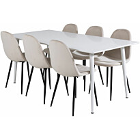 Ruokailuryhmä Venture Home, 180x90cm valkoinen Polar-pöytä + 6 beigeä Polar-tuolia, sametti