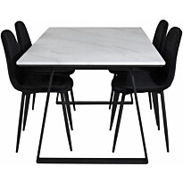 Ruokailuryhmä Venture Home, 140x90cm valkoinen Estelle-pöytä + 4 mustaa Polar Diamond -tuolia, sametti