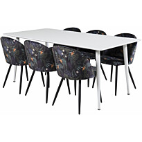 Ruokailuryhmä Venture Home, 180x90cm valkoinen Polar-pöytä + 6 mustaa Velvet-tuolia, kukkakuosi