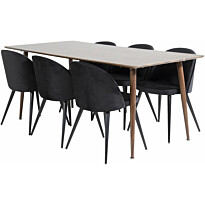 Ruokailuryhmä Venture Home, 180x90cm ruskea Polar-pöytä + 6 mustaa Velvet-tuolia, sametti