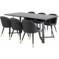 Ruokailuryhmä Venture Home, 180x90cm musta Marina-pöytä + 6 mustaa Velvet Stiches -tuolia, keinonahka