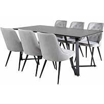 Ruokailuryhmä Venture Home, 180x90cm musta Marina-pöytä + 6 vaaleanharmaata Velvet Deluxe -tuolia