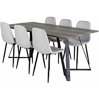 Ruokailuryhmä Venture Home, 180x90cm harmaa/musta Marina-pöytä + 6 harmaata Polar Diamond -tuolia