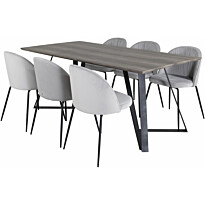 Ruokailuryhmä Venture Home, 180x90cm harmaa/musta Marina-pöytä + 6 harmaata Wrinkles-tuolia
