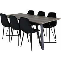 Ruokailuryhmä Venture Home, 180x90cm harmaa/musta Marina-pöytä + 6 mustaa Polar Diamond -tuolia, sametti