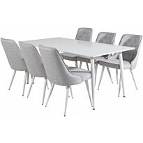 Ruokailuryhmä Venture Home, 180x90cm valkoinen Polar-pöytä+ 6 vaaleanharmaata Velvet Deluxe -tuolia